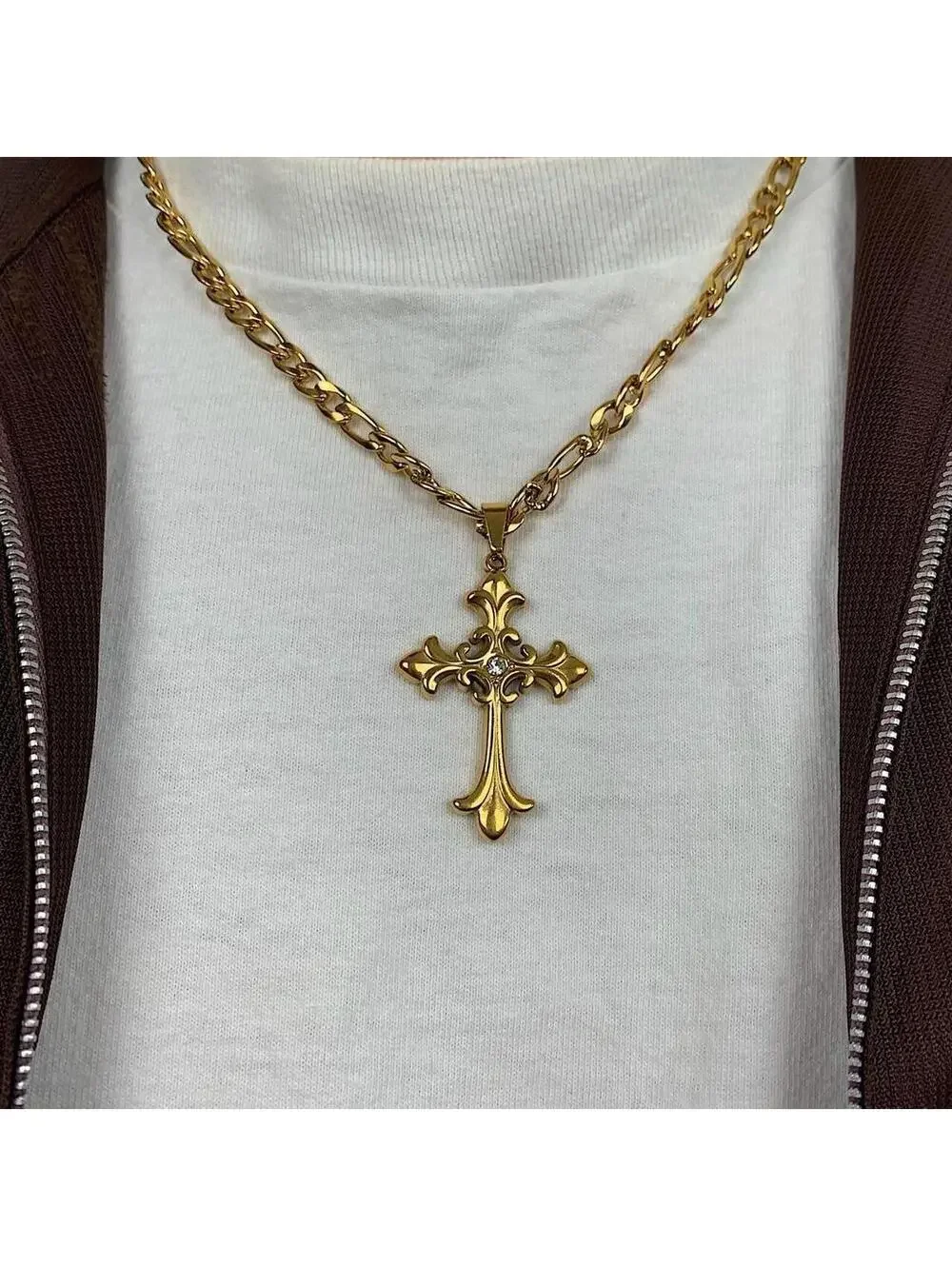 Y2k style Gold Figaro Big Gothic Rhinestone Cross Pendant Necklace. Stainless
